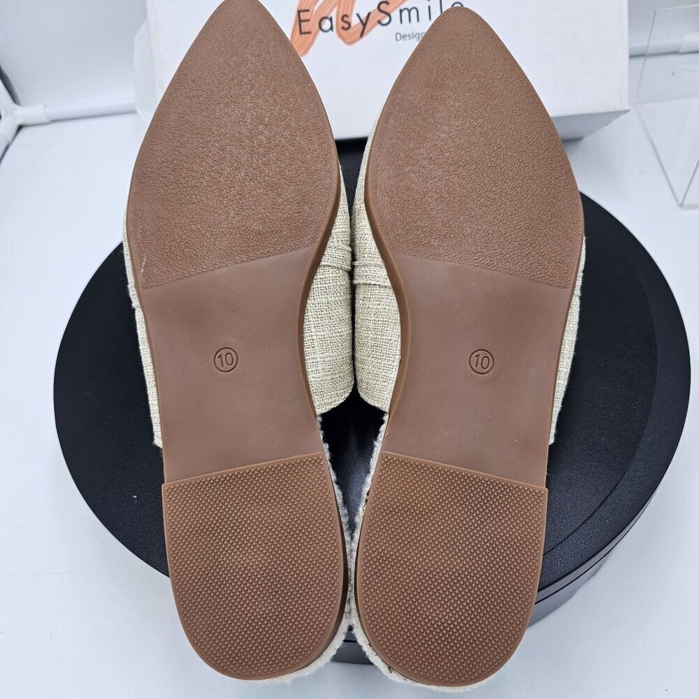 Beige Pointed-Toe Flat Mules with Metal Chain, Sherpa-Lined Backless Loafers Siz - Picture 6 of 9